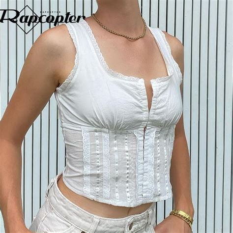 Rapcopter Y2k Lace Trim Tank Tops Square Collar White Pin Up Corset