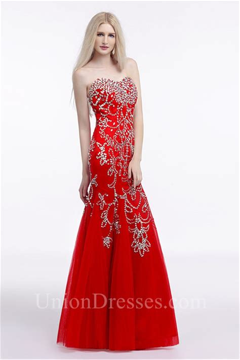 Gorgeous Mermaid Sweetheart Corset Back Red Tulle Beaded Prom Dress