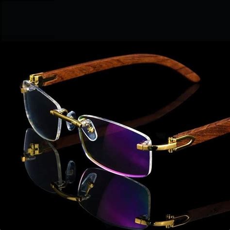 Vazrobe Wood Gold Glasses Frame Men Rimless Wooden Temple Alloy Rim