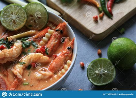 Tom Yam Kung Spicy Shrimp Soup Is Popular Thai Hot And Sour Soup Recipe Served In White Bowl On