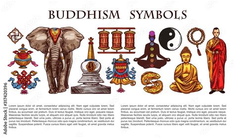 Buddhism religion and culture symbols, characters. Vector Buddha and ...