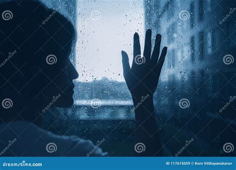 Sad Lonely Depression Mood Woman Silhouette Touch Glass Windows Rainy