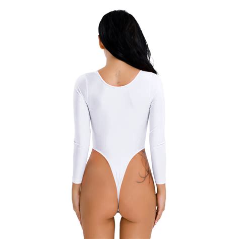 Womens High Cut Crotchless Bodysuit Thong Leotard Jumpsuit Long Sleeve