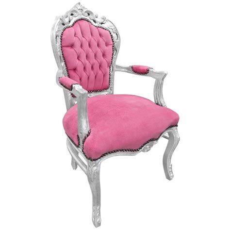 Fauteuil De Style Baroque Rococo Tissu Velours Rose Et Bois Argent