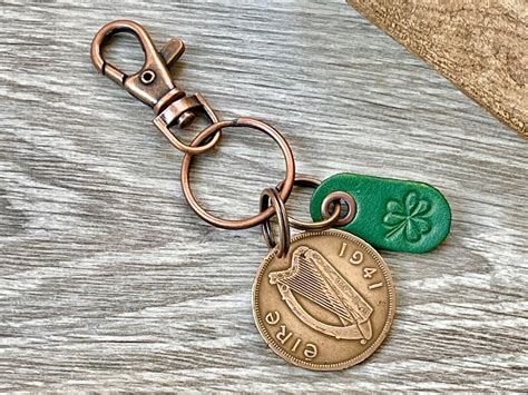 Irish Penny And Shamrock Keyring Keychain Or Clip Ireland Harp