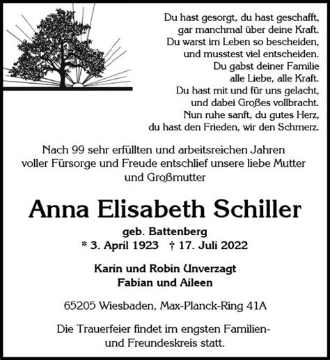 Traueranzeigen Von Anna Elisabeth Schiller Vrm Trauer De