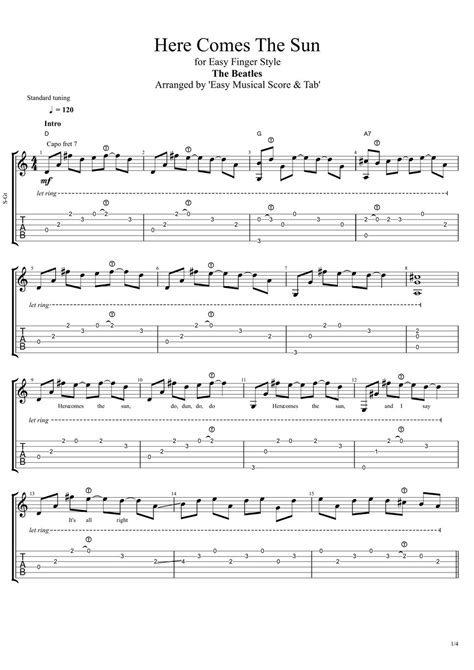 The Beatles Here Comes The Sun Tab For Easy Finger Style Tabulatur