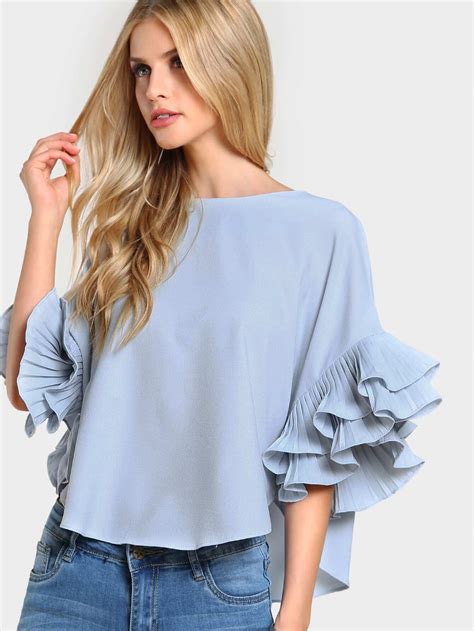 Pleated Ruffle Sleeve Dolphin Hem Top Shein Sheinside