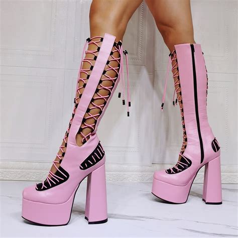 Pink Punk Thigh High Platform Boots