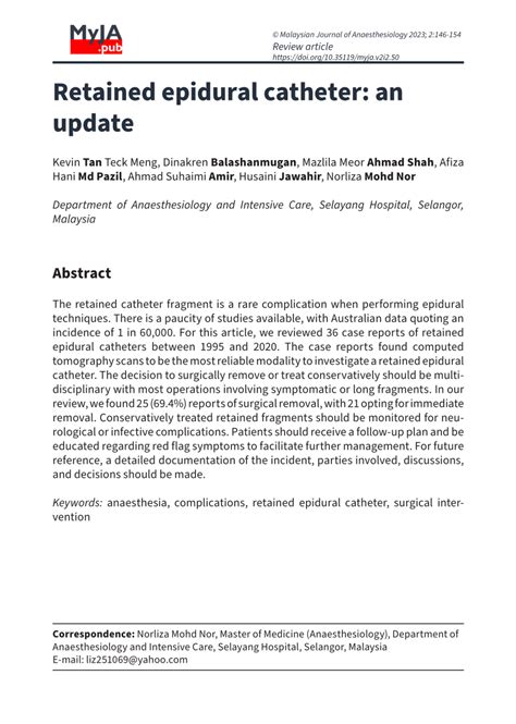 PDF Retained Epidural Catheter An Update