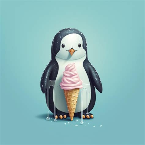 Premium Photo Penguin With Ice Cream Blue Background Digital Illustration