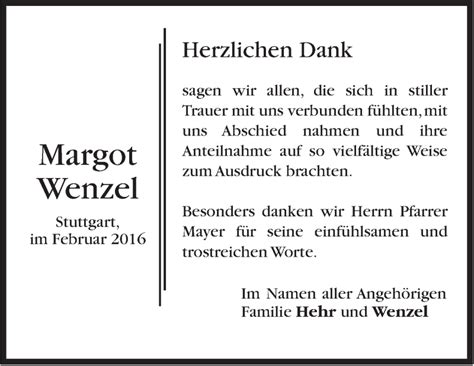 Traueranzeigen Von Margot Wenzel Stuttgart Gedenkt De