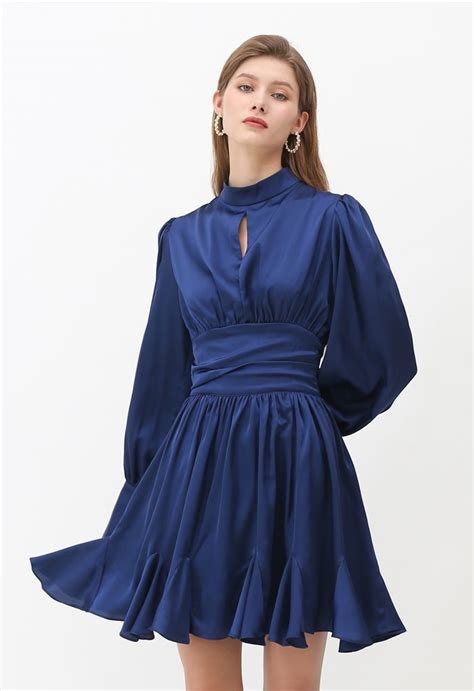 High Neck Puff Sleeves Satin Ruffle Dress In Navy Retro Indie And