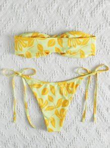 Leaf Print Bandeau Tie Side Bikini Set SHEIN USA