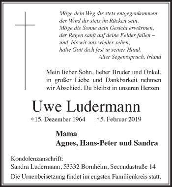 Traueranzeigen Von Uwe Ludermann Wirtrauern