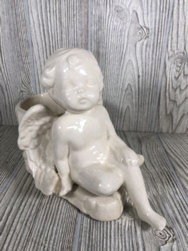 Vtg Cherub Angel Naked Baby Figure Shelf Sitter Planter Hand Knee Wings