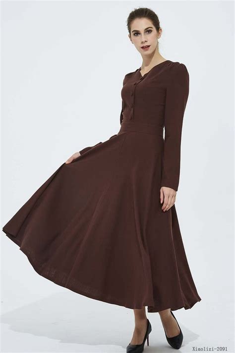 Image 0 Brown Long Sleeve Dress Brown Maxi Dresses Long Linen Dress