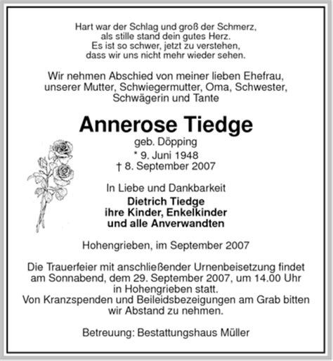 Traueranzeigen Von Annerose Tiedge AZ Trauer De