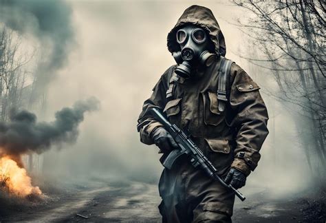 Premium Photo The Man In The Gas Mask Of Smoke Stalker