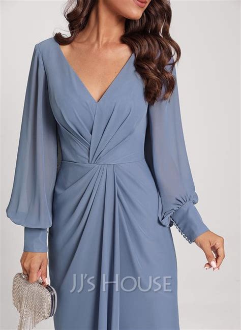 Sheath Column V Neck Tea Length Chiffon Cocktail Dress With Cascading