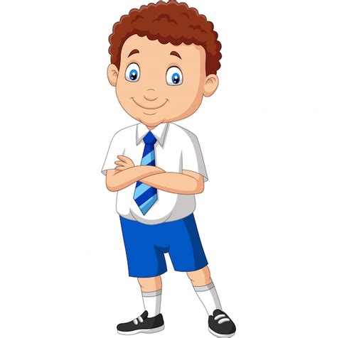 Menino De Escola Dos Desenhos Animados De Uniforme Posando Vetor Premium