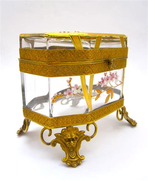 Antique Moser Art Nouveau Glass Casket With Cherry Blossom Design In Sold French And Bohemian