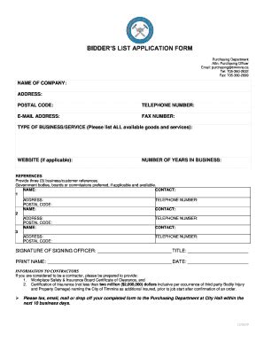 Fillable Online Timmins Bidders List Application Form Timmins