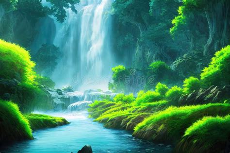 A Colorful Green Waterfall Illustration At A Forest Anime Style Ai