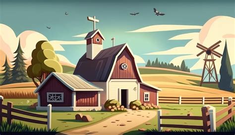 A cartoon barn with a barn and a fence with birds flying around it ...