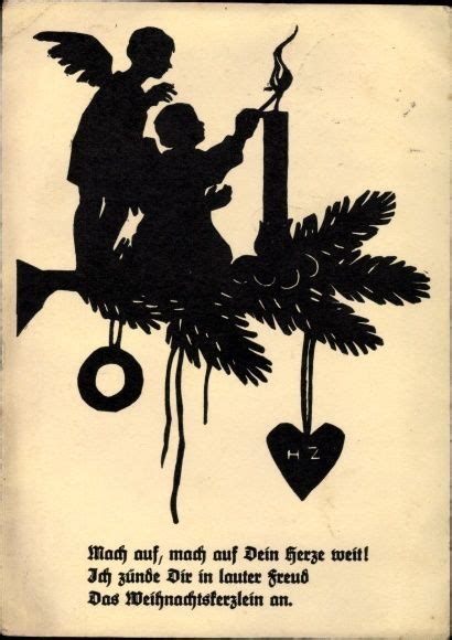 An Old Fashioned Christmas Card With Silhouettes Of Two People On Top