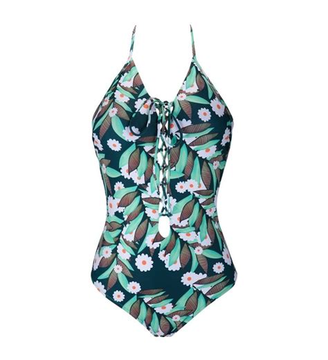 Tropical Print Lace Up Plunge One Piece Swimsuit Padded Backless