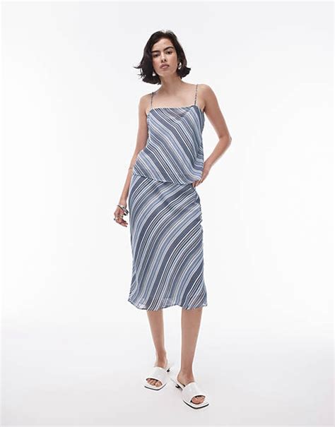 Topshop Georgette 90s Length Skirt In Blue Diagonal Stripe Part Of A