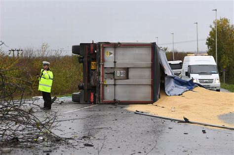 Photos Show Overturned Lorry Blocking A As Emergency Services Work