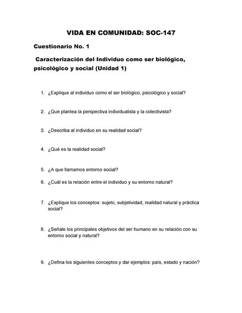 VIDA EN Comunidad Cuestionario No1 VIDA EN COMUNIDAD SOC