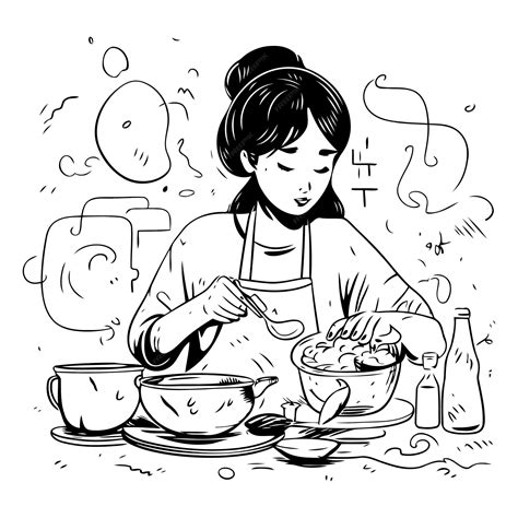 Premium Vector Woman Cooking Soup In The Kitchen Hand Drawn Vector Illustration In Sketch Style