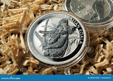 Pure Silver Investment Coin In Capsule Australian Koala Stock Image