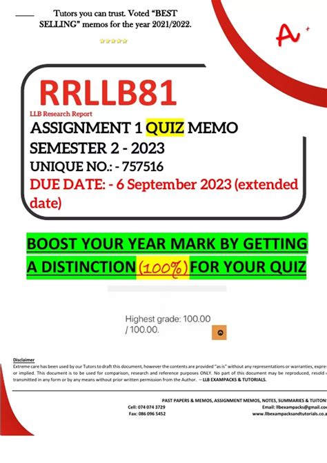 RRLLB81 ASSIGNMENT 1 QUIZ MEMO SEMESTER 2 2023 UNISA