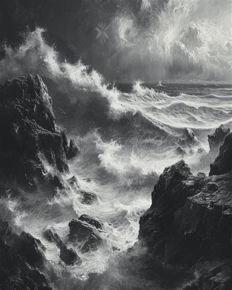 Black and White Image of a Stormy Ocean with Huge Waves. Stock Image ...