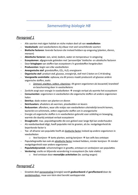 Samenvatting Bio H Samenvatting Biologie H Paragraaf Alle Soorten