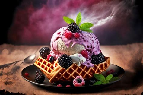 Premium Photo Belgian Waffles With Raspberry Blackberries Ice Cream