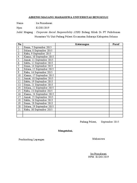 Absensi Magang Mahasiswa Ira