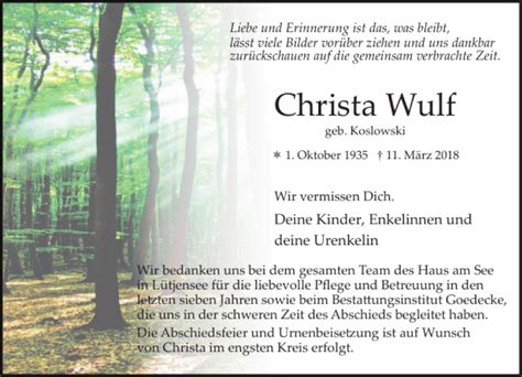 Traueranzeigen Von Christa Wulf Sh Z Trauer