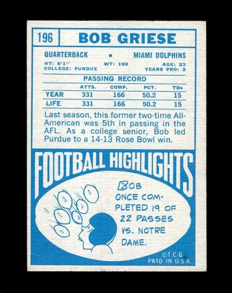 1968 Topps Set Break 196 Bob Griese Vg Vgex Crease Gmcards Ebay