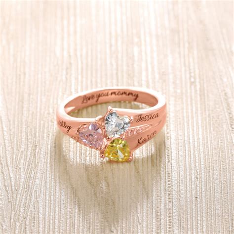 Personalized Heart Birthstone Ring With Engraving In Rose Gold