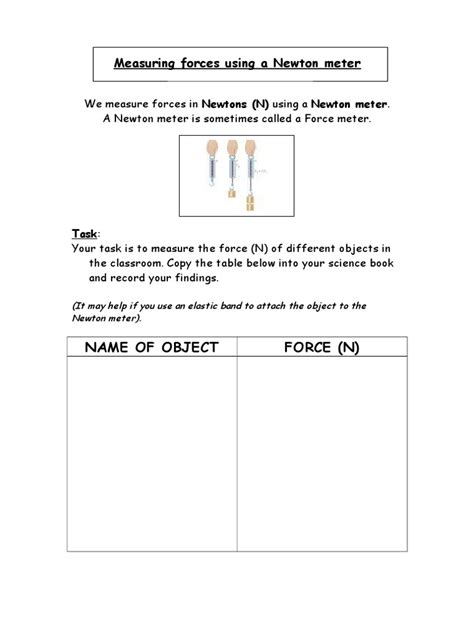 Measuring Forces Using A Newton Meter Name Of Object Force N Pdf