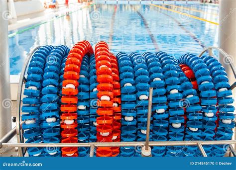 Swimming Lanes Markers in Reel Storage, Near the Pool. Pool Lane Lines ...