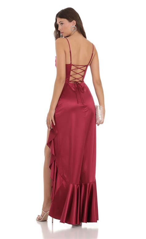 Satin Ruffle Maxi Dress In Maroon Lucy In The Sky