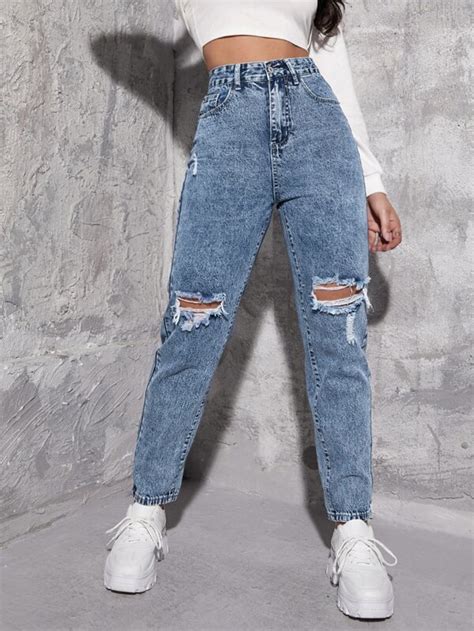 Shein High Waist Ripped Mom Jeans Shein Uk