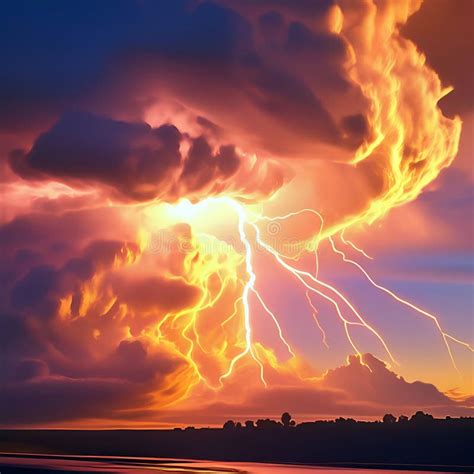 Bright Lightning In The Sky Night Thunderstorm Dark Colors Stock