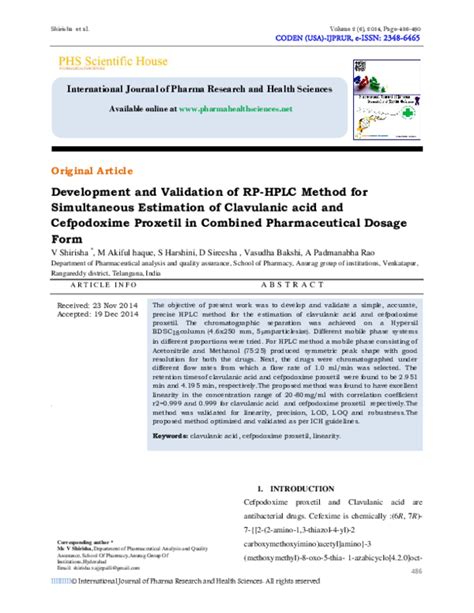 Pdf Development And Validation Of Rp Hplc Method For Simultaneous Estimation Of Clavulanic